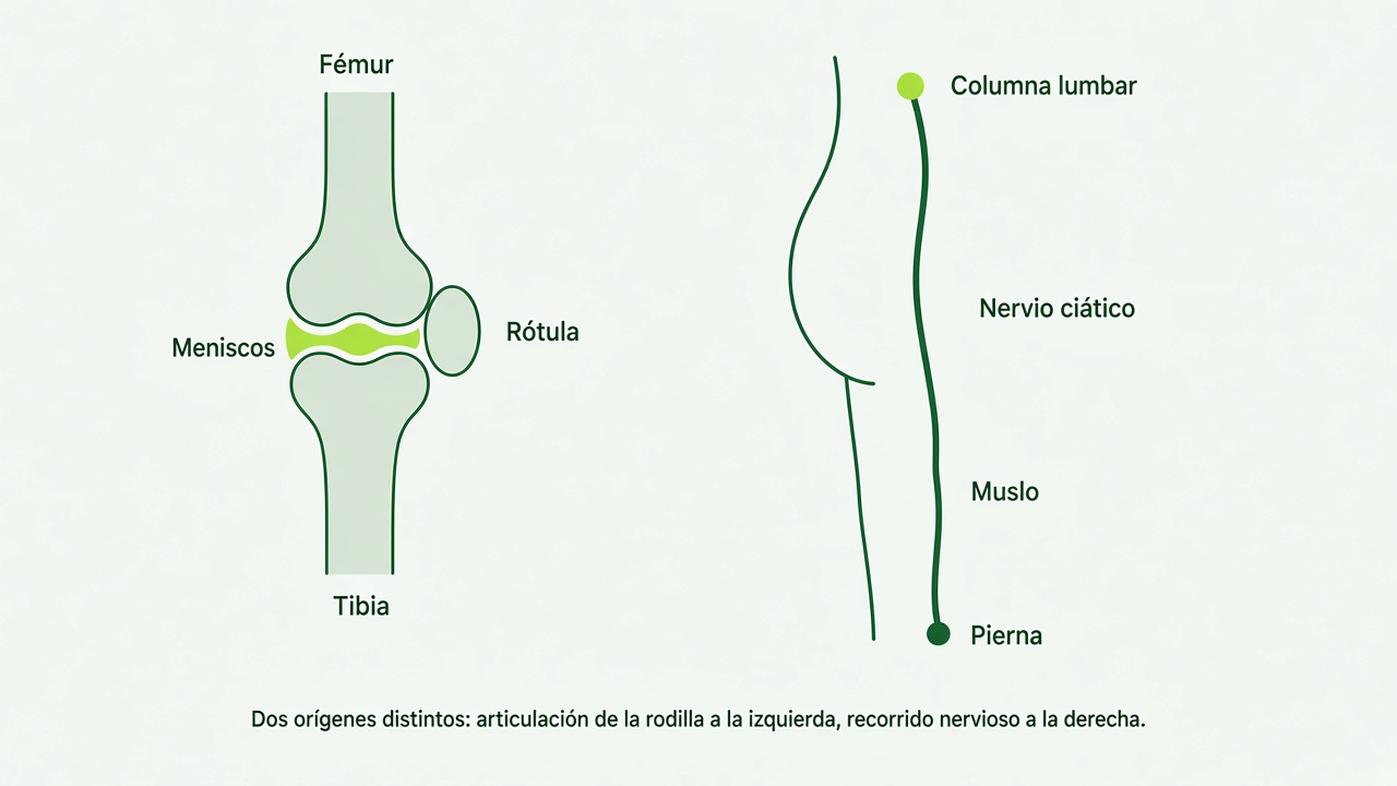 Esquema de la rodilla y del nervio ciático: a la izquierda fémur, meniscos, rótula y tibia; a la derecha el recorrido desde la columna lumbar por el muslo hasta la pierna.